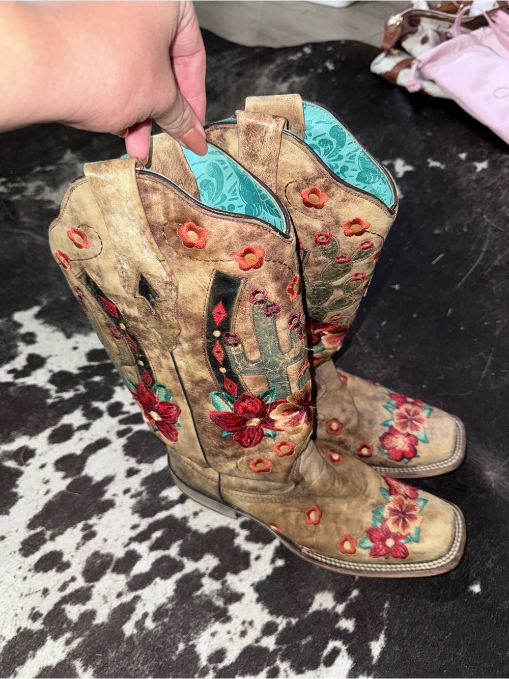 Tan Embroidered Western Cowgirl Boots with Red Floral Accents